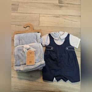 Petit Ami Navy and White Baby Romper 12 M + Blanket Bundle